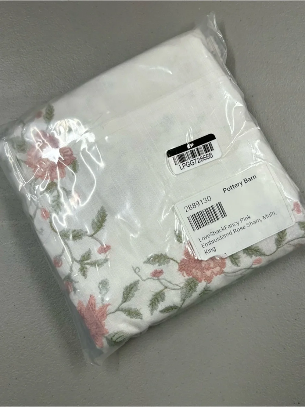 LoveShackFancy Pink Embroidered Rose KING Pillow Sham Cover Floral Lace Trim NEW